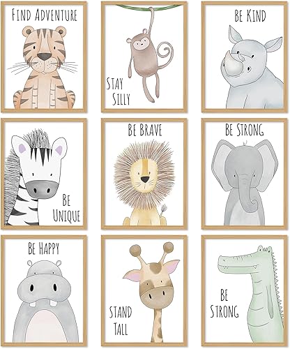 Whaline 9 piezas de decoración de pared de safari para bebé, citas inspiradoras, impresión de papel, león, elefante, tigre, arte de acuarela,