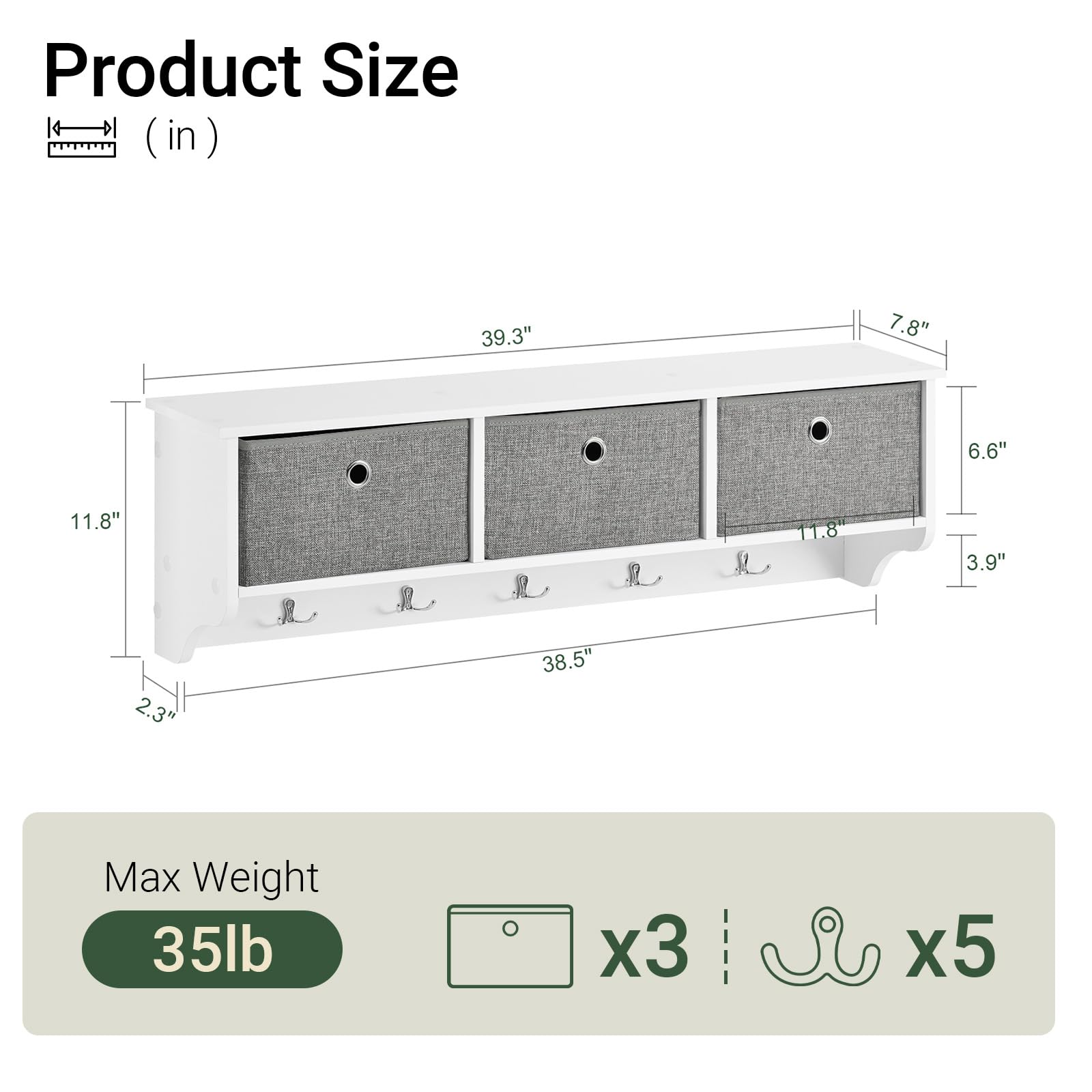 SoBuy Perchero pared con 5 ganchos 100x20x31cm para recibidor | Colgador con 3 cajones y estante, MDF FSC + estructura hierro, carga 15kg, montaje rápido, diseño rústico blanco FRG282-W