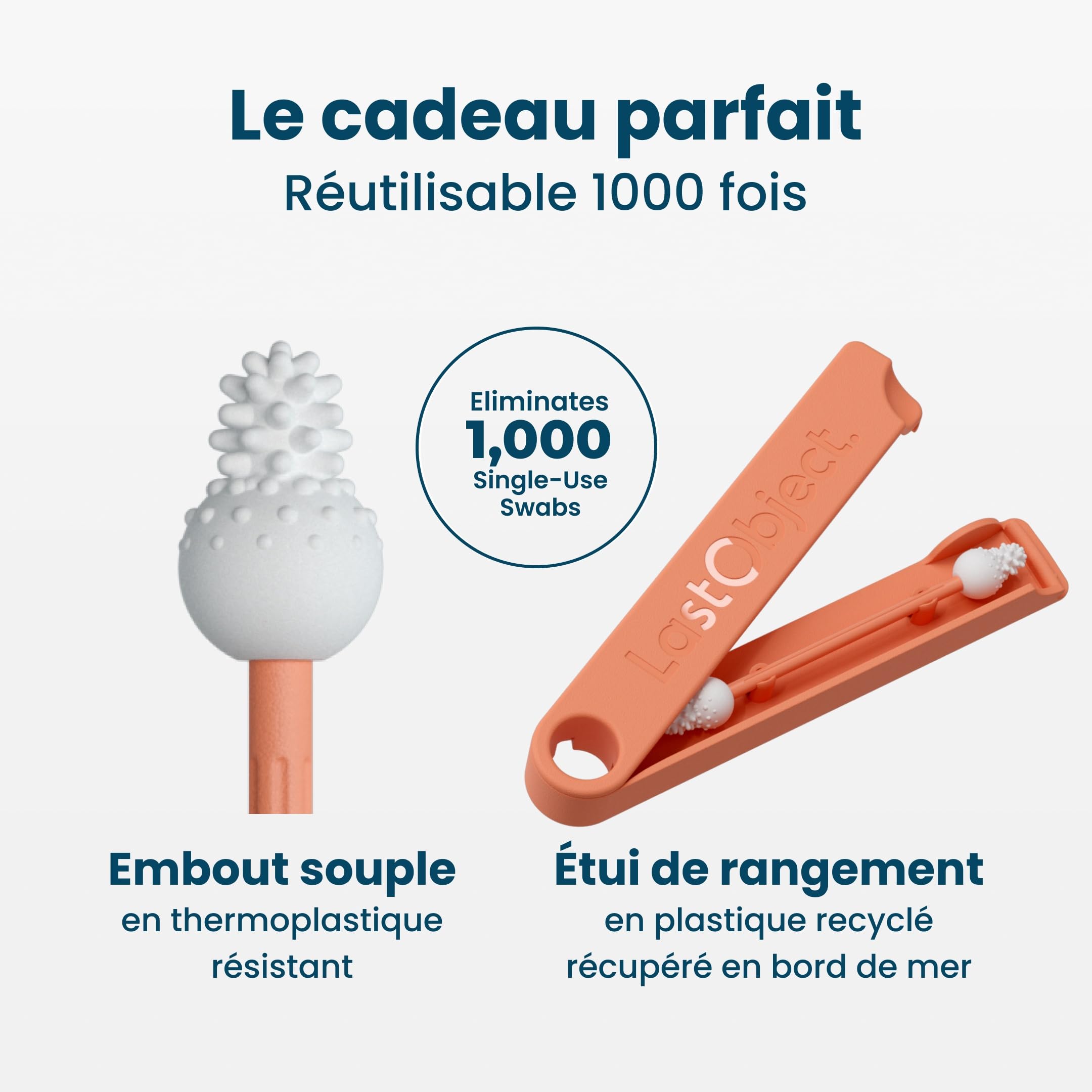 LastSwab® Bébé Cotons-tiges réutilisables en silicone – Nettoyeur doux oreilles & nez pour nouveau-nés et nourrissons – Lavable, sans BPA, zéro déchet, étui – Pêche