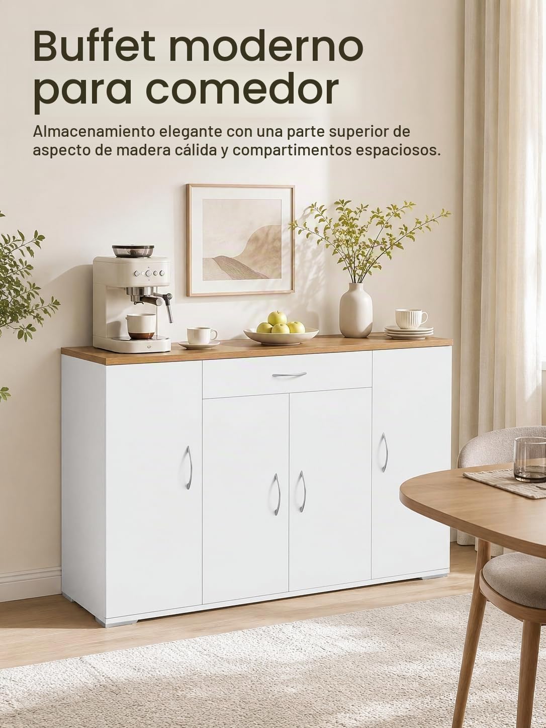 Hitsuki Aparador de Comedor Blanco con 4 Puertas y 1 Cajón 110×30×70cm | Aparador con 4 puertas y 1 cajón que ofrece almacenaje práctico para vajilla, cubiertos y accesorios en el comedor