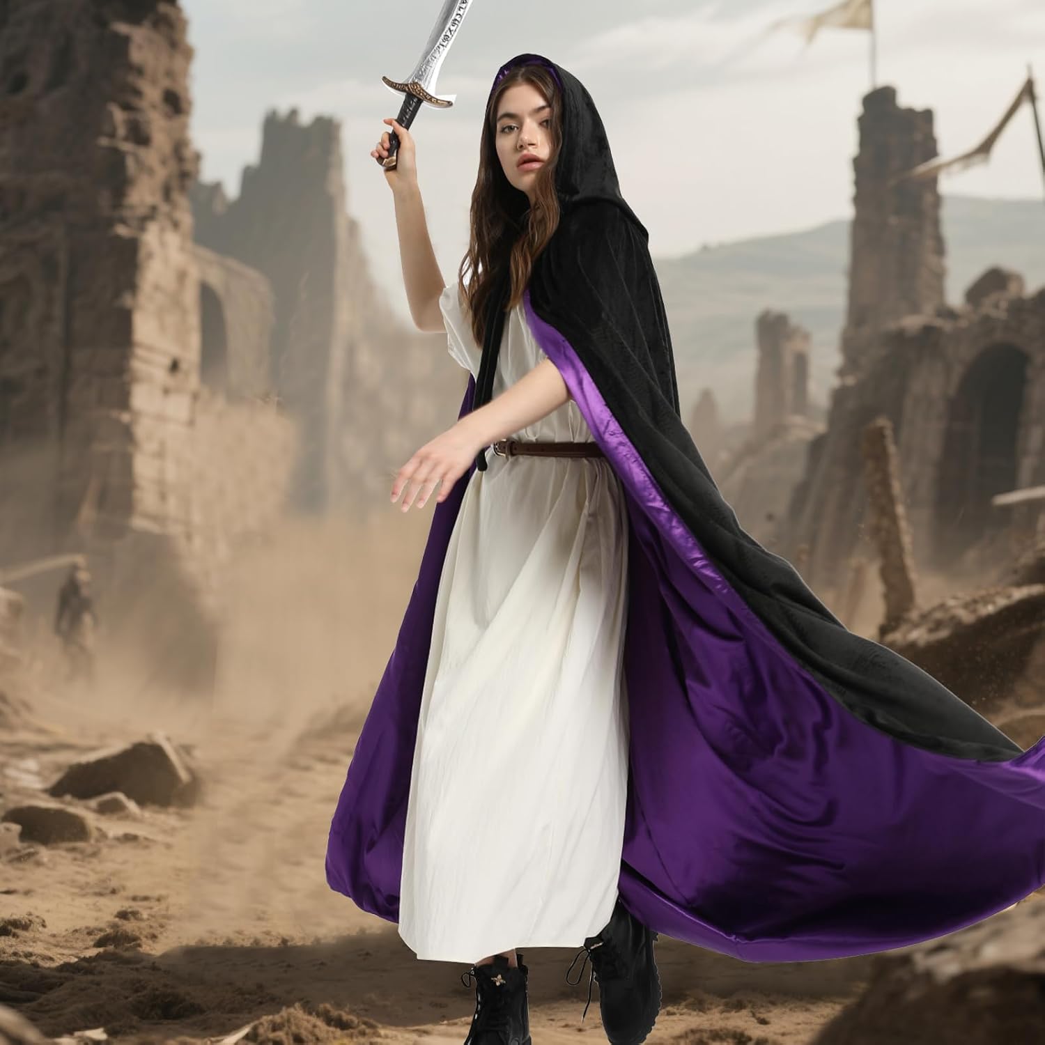 WAUKN Black Hooded Coak Women, Halloween Velvet Capes Reversible Cloaks - Image 7