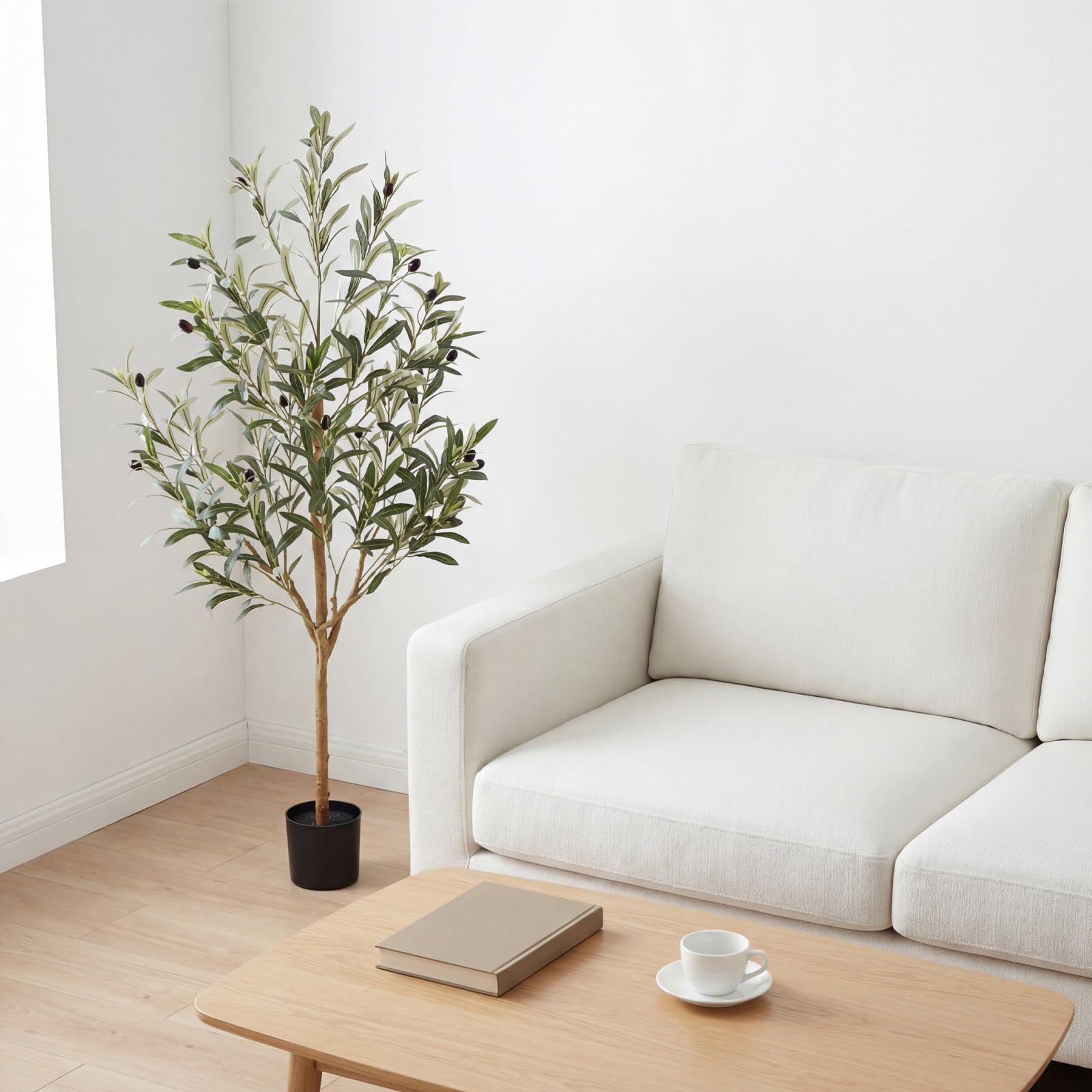 Künstlicher Olivenbaum, künstlicher Olivenbaum mit Topf, mit mehreren Echtholzstämmen und lebensechten Früchten, für Zuhause, Büro, Haus, Wohnzimmer, Dekoration, 1,2 m