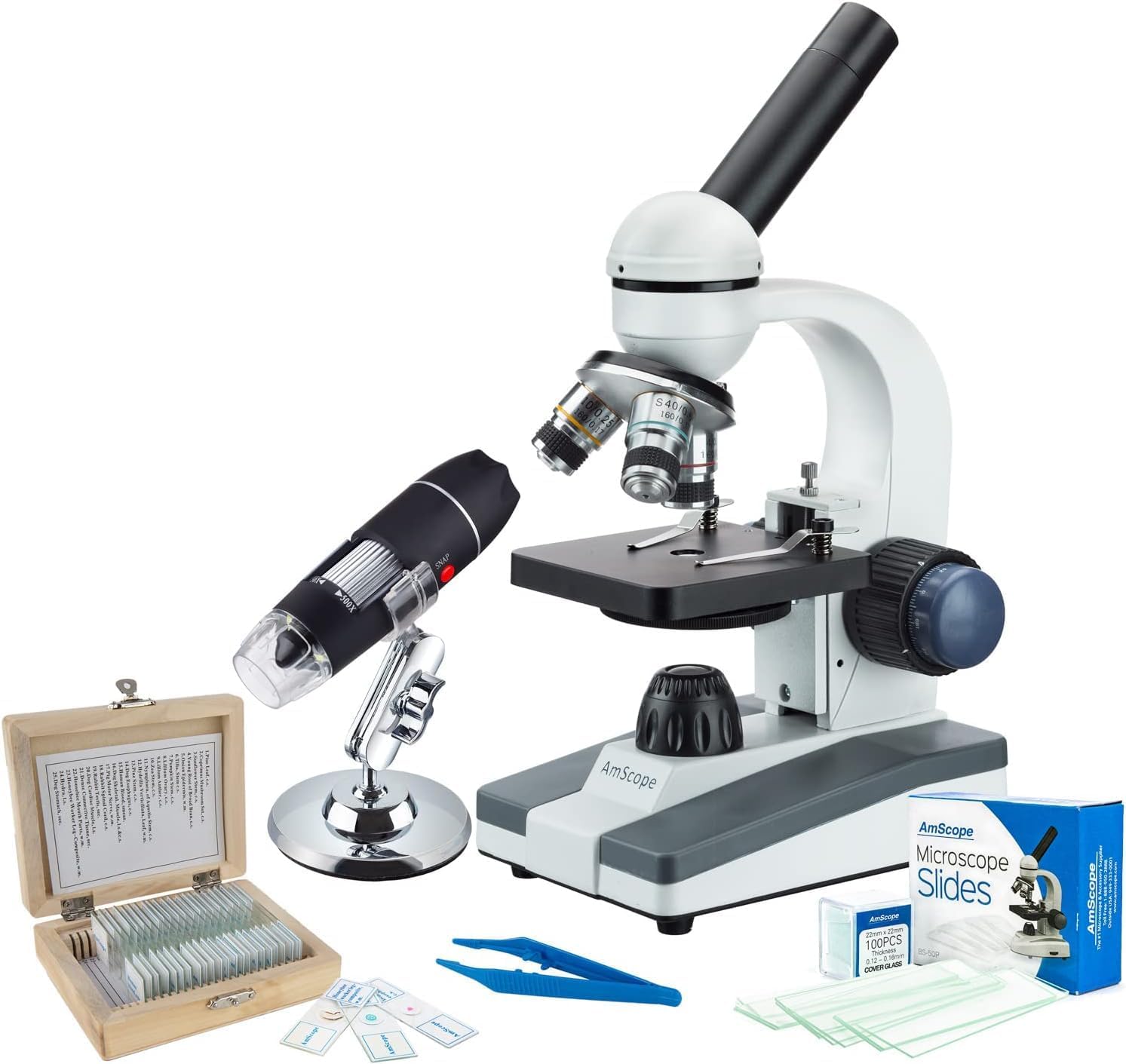 AmScope Super Savings - 40X-1000X Portable LED Monocular Student Microscope with 25-Piece Prepared Slides Set and Tweezers Plus Bonus Handheld Multi-USB Digital Microscope for PC and Android