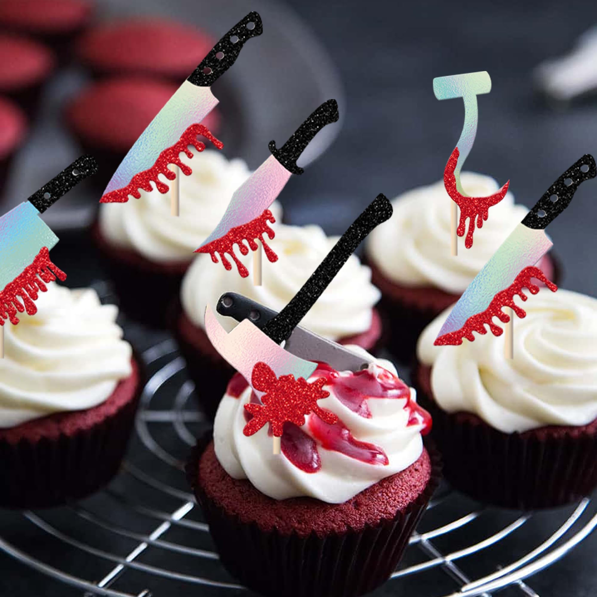 SYKYCTCY 30 Pack Halloween Knife Cupcake Toppers Glitter Scary Bloody Knife Cupcake Picks Killer Birthday Cake Decorations for Happy Halloween Theme Baby Shower Party Supplies - Image 4