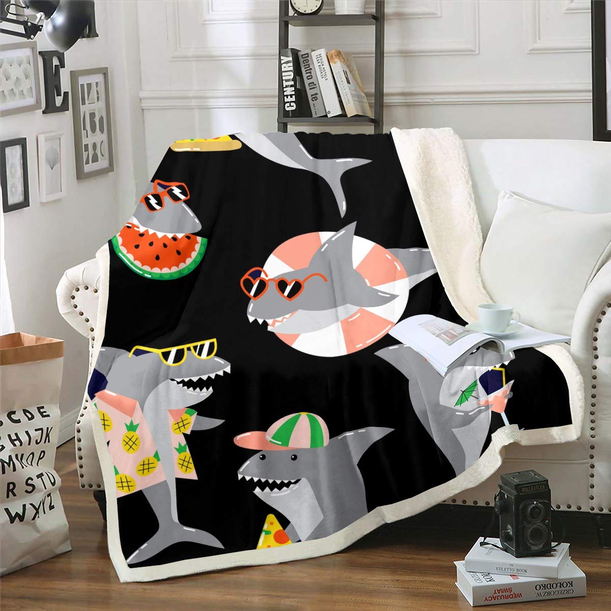 Kids Cartoon Shark Sherpa Blanket Kids Boys Teens Cute Shark Print Throw Blanket Marine Life Ocean Theme Fleece Blankets Summer Vacation Plush Blankets,Room Decor Fuzzy Blanket Double 60"x79"