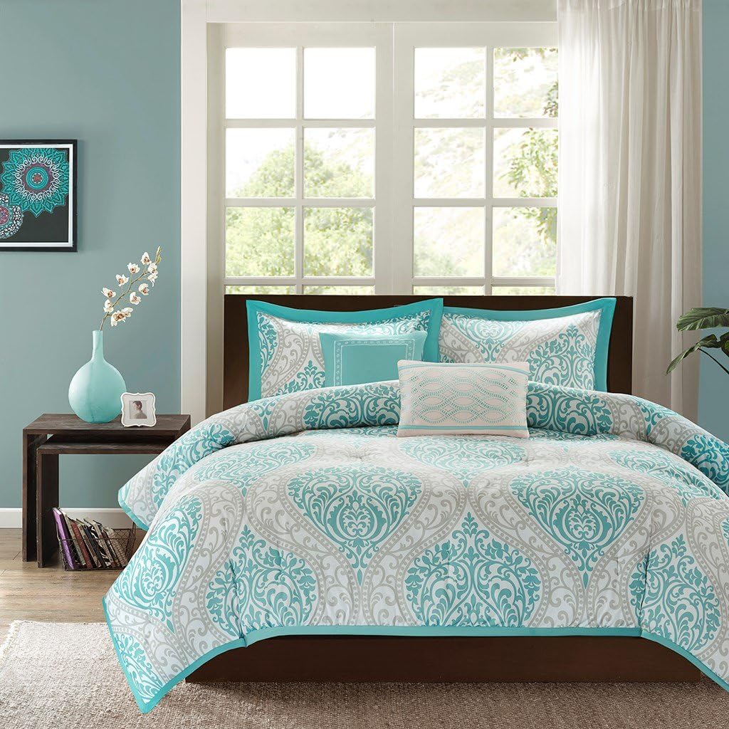 Modern Living Aqua Blue & Gray Damask Girls Full/Queen Comforter, Shams & Toss Pillows (5 Piece Bed in A Bag)