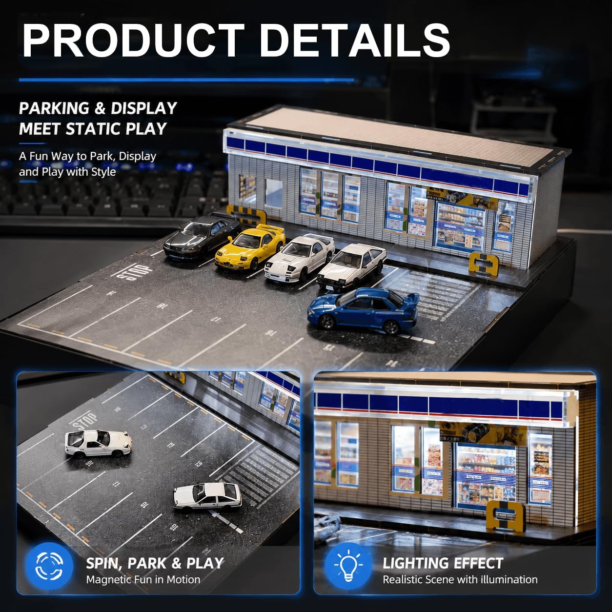 1/64 Diorama Garage Display Case, 1/64 Scale Car Model Drift Display Stand with LED Drift Track, Motorized Drifting Platform, Garage Scene Display for Most 1/64 Scale Model Cars, with 2 Diecast Cars