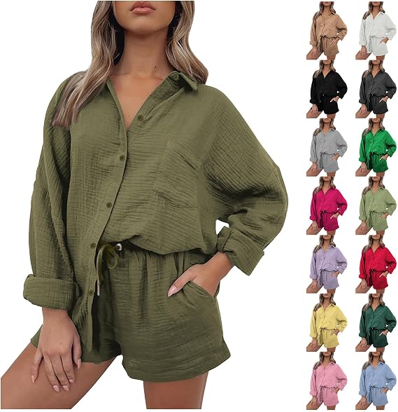 Women's 2 Piece Outfit Sets Long Sleeve Button Down Shirt Top Shorts Sets