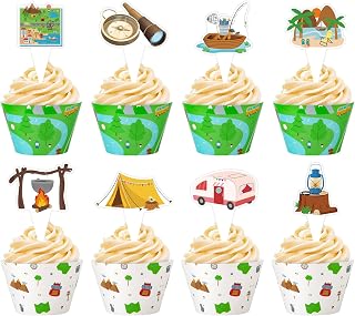 Hooqict 48 Pack Camping Cupcake Toppers and Wrappers Tent Forest Campfire Cupcake Picks for Camping Themed Party Decorations Outdoor Hiking Summer Camp Adventure Birthday Party Decoration Supplies