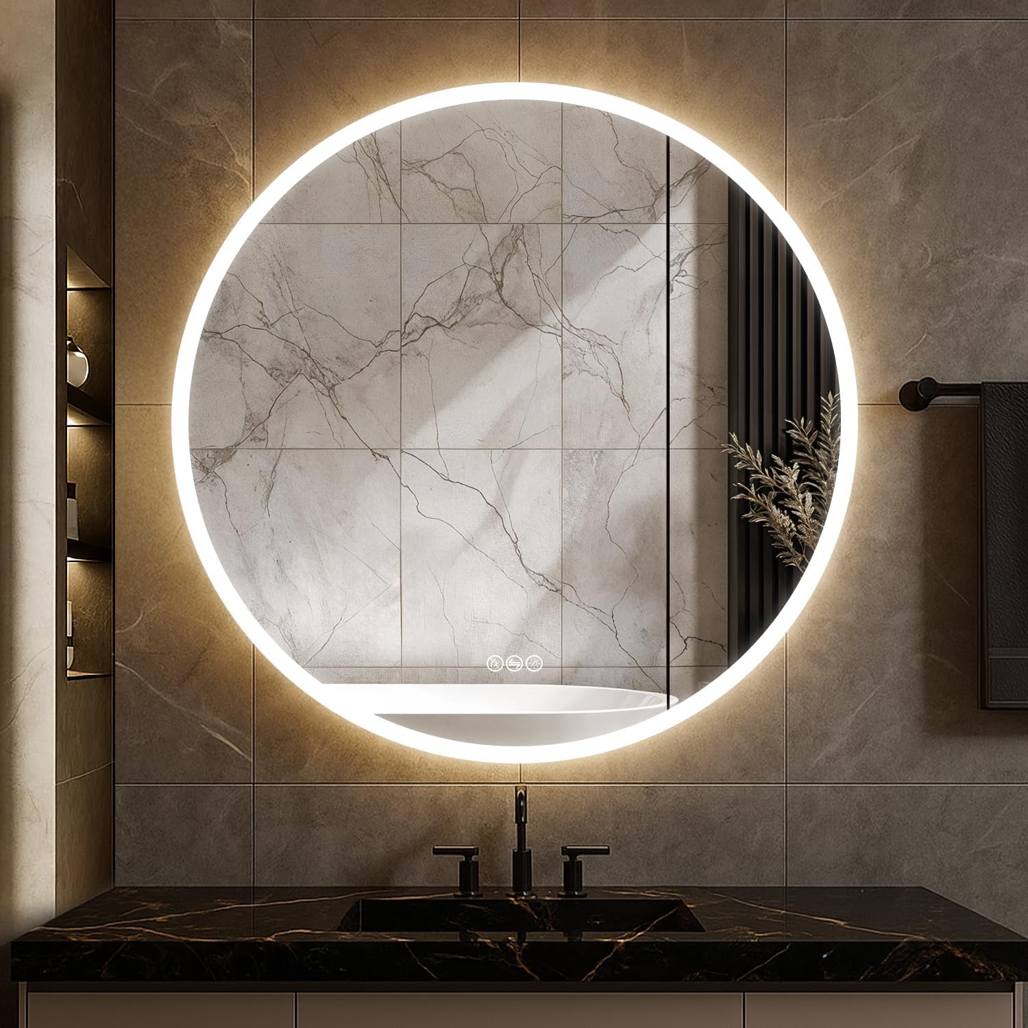 Blossom 32 Inch Round LED Medicine Cabinet Mirror for Bathroom, Right Hinge, Lighted Mirror with Adjustable Brightness, Defogger, Surface/Recessed Mount Storage, Medicine Cabinet with Lights