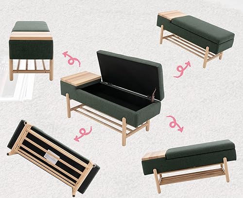 Miniatura 4 de Shunzhi Banco de entrada, moderno banco otomano tapizado con tapa abatible de tela de lino, banco otomano con marco de maderaestante para sala de