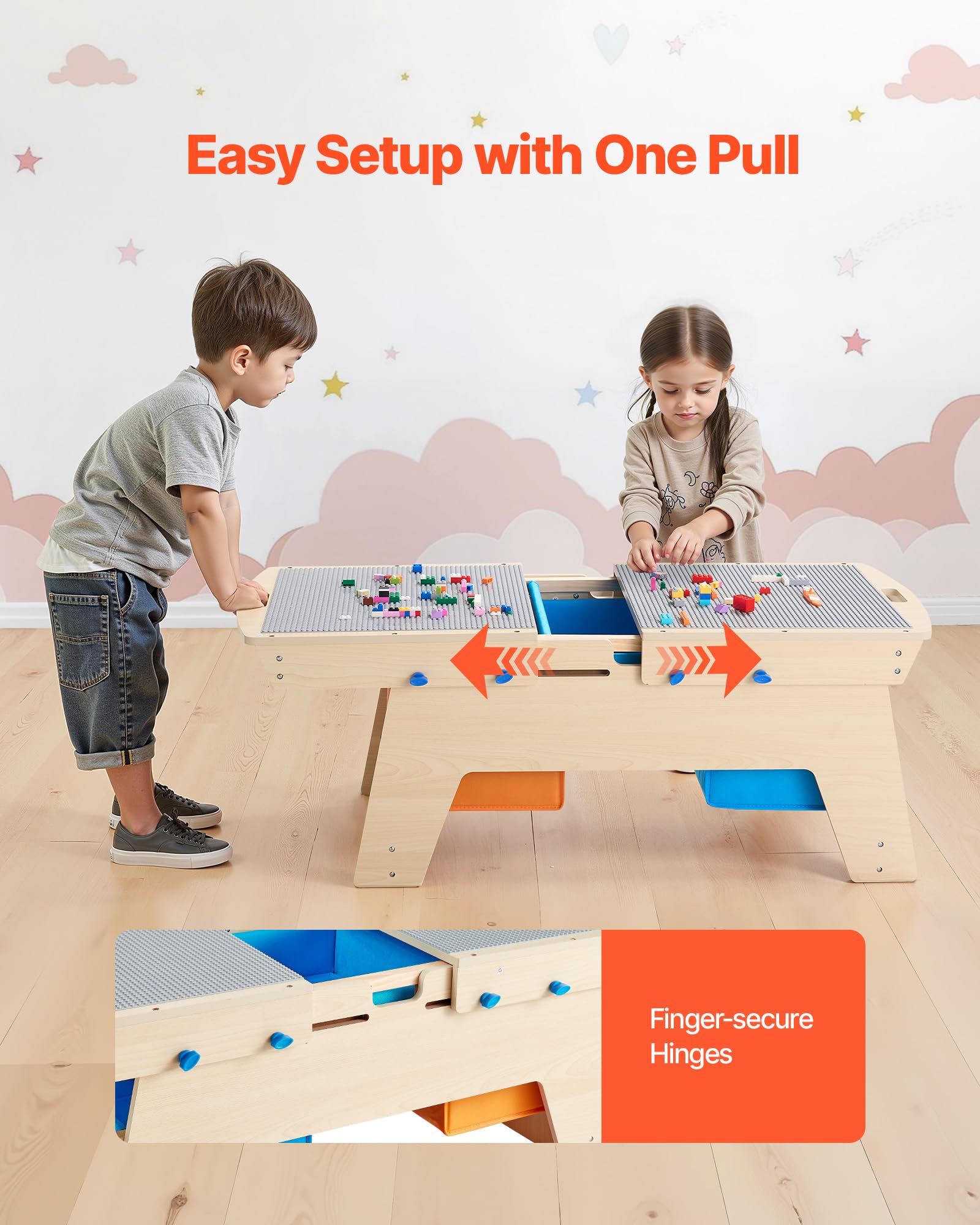VEVOR Kindertisch 905 x 497 x 393 mm, Aktivitätstisch aus Holz, Mehrzweck-Spieltisch mit 200 Bausteinen und 3 Aufbewahrungsbehältern, Bausteintisch, Geschenk für Kinder ab 3 Jahren, Holzfarbe