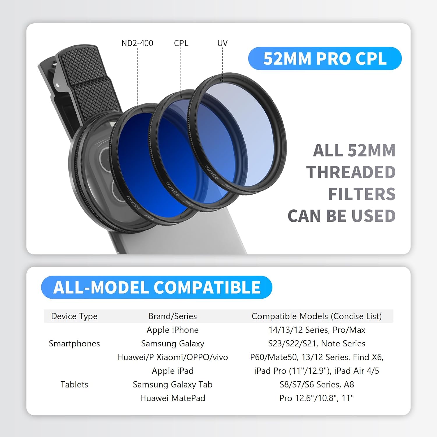 52mm CPL Phone Filter Clip - Optical Glass, Rotating Frame | Fits 99% phones, no glue. Cuts glare on water/glass, boosts sky & colors. Nano-coated, 5X harder. Includes PU case & cloth.