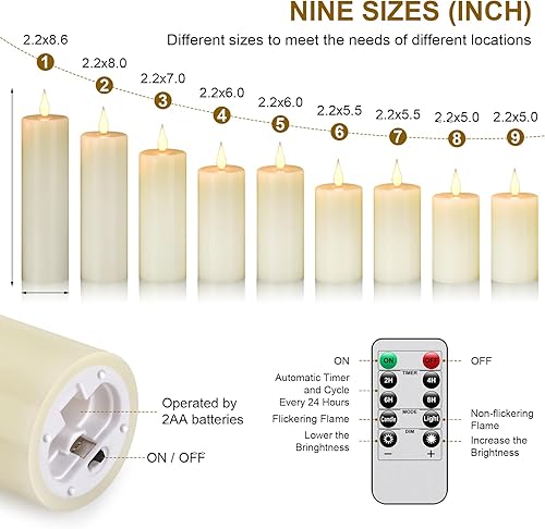 Miniatura 3 de Velas LED sin llama, funciona con pilas, mecha 3D con control remoto de 10 botones de teclas, temporizador de 24 horas, juego de 9 pilares