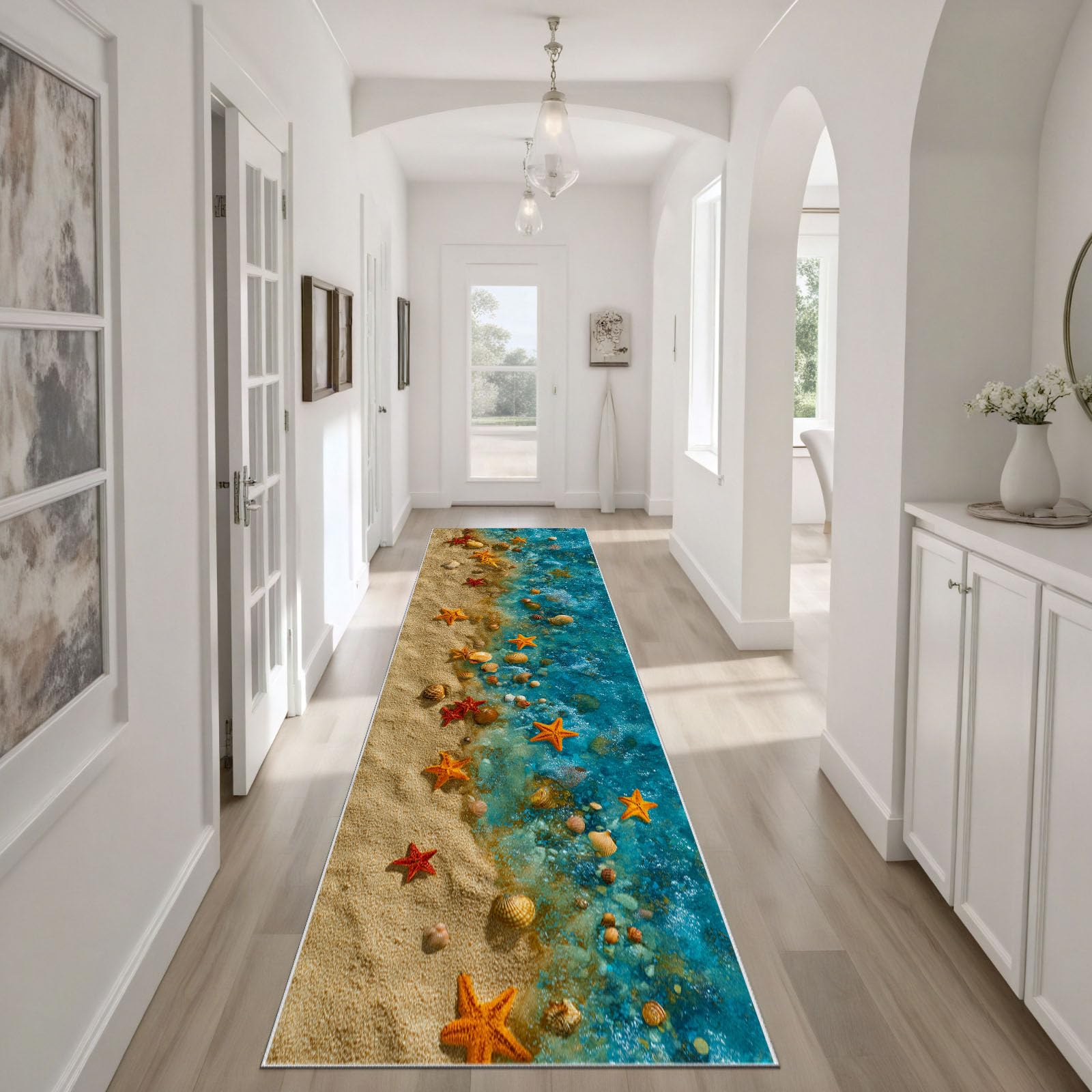 Mer Vague Plage Tapis Cuisine Devant Evier Lavable Coquillage étoile de mer Descente de Lit Antidérapant 60x180 cm Thème Océan Tapis de Passage pour Couloir, Passage, Chambre à Coucher, Salon