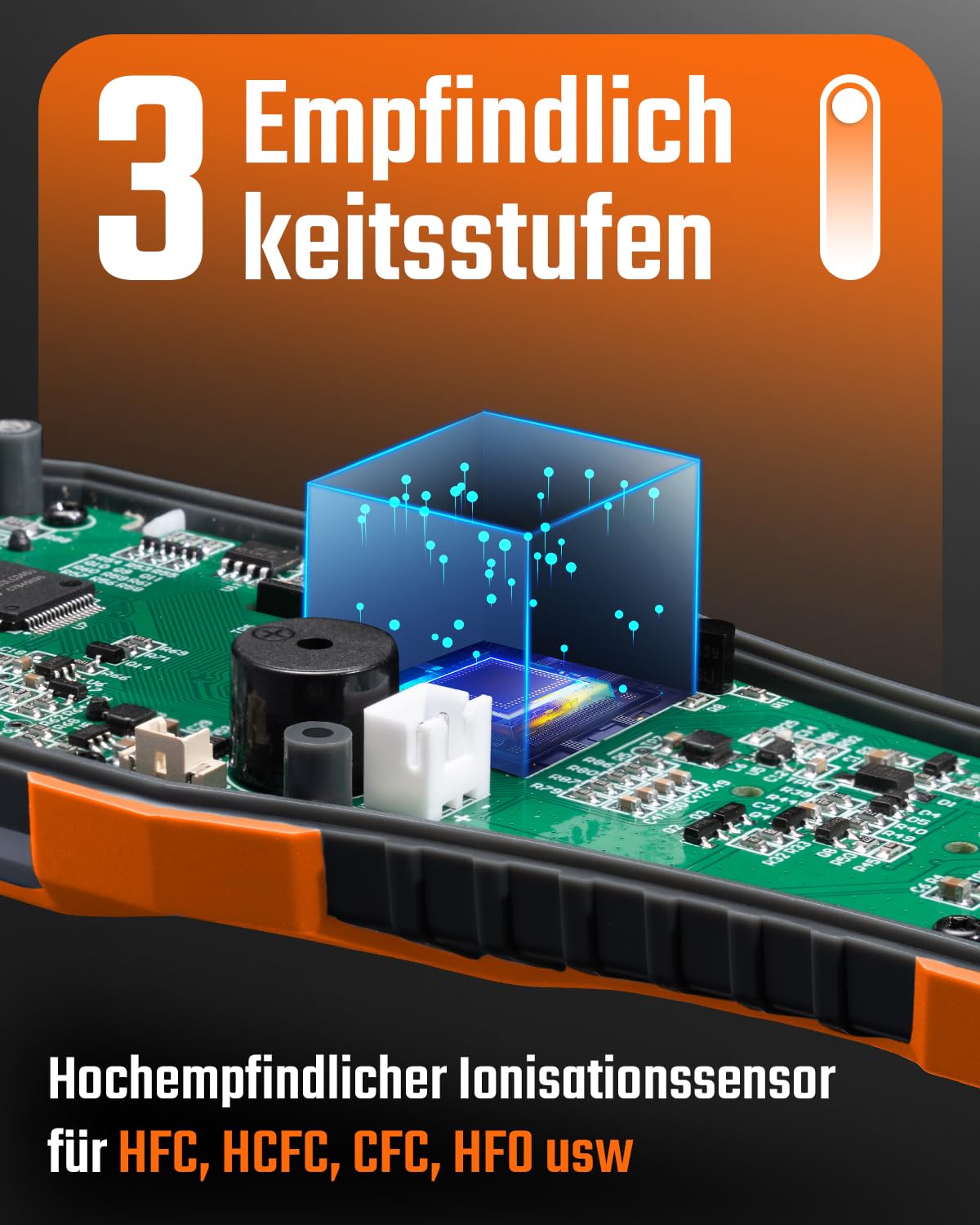 TOPTES RT-108 Kältemittel-Leckdetektor, HVAC Freon-Lecksuchgerät mit Halogen-Ionisationssensor, Klimaanlagen-Lecksuche mit 3 Empfindlichkeitsstufen für R134a, CFCs, HCFCs, HFCs – Orange