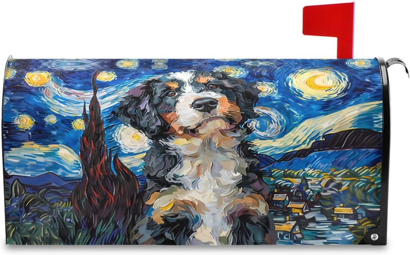 Mailbox Covers Magnetic Bernedoodle Dog Starry Sky Blue USA Letter Box Wrap Standard Size 21x18 Inch Post Decor Outdoor Garden Yard Decoration