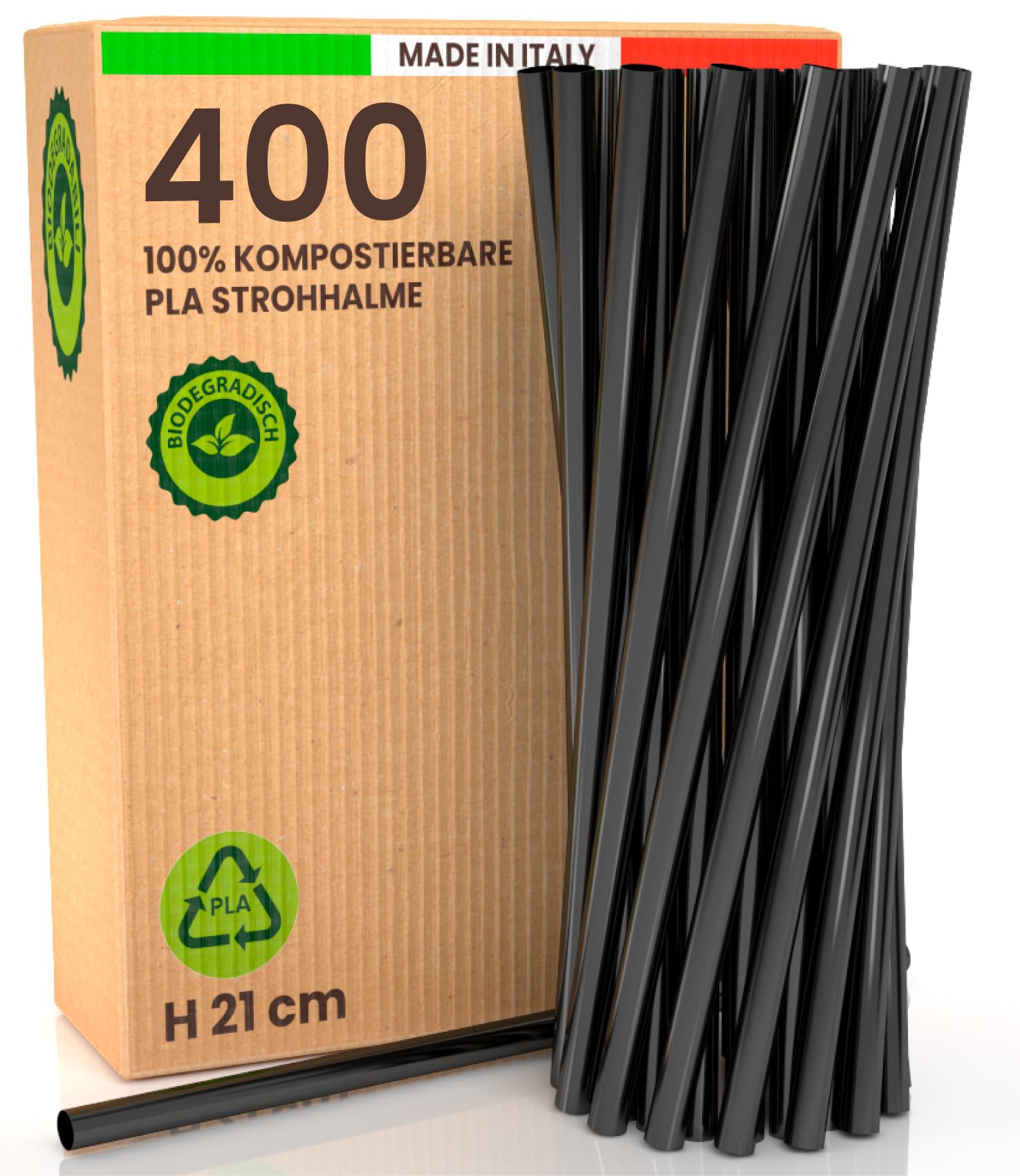 400 Trinkhalme Schwarze Ökologische 100% Wiederverwendbare Strohhalme aus Starrem Biokunststoff 21cm x 6mm Made in Italy Biologisch Abbaubar und Kompostierbar für Getränke Cocktails Veranstaltungen