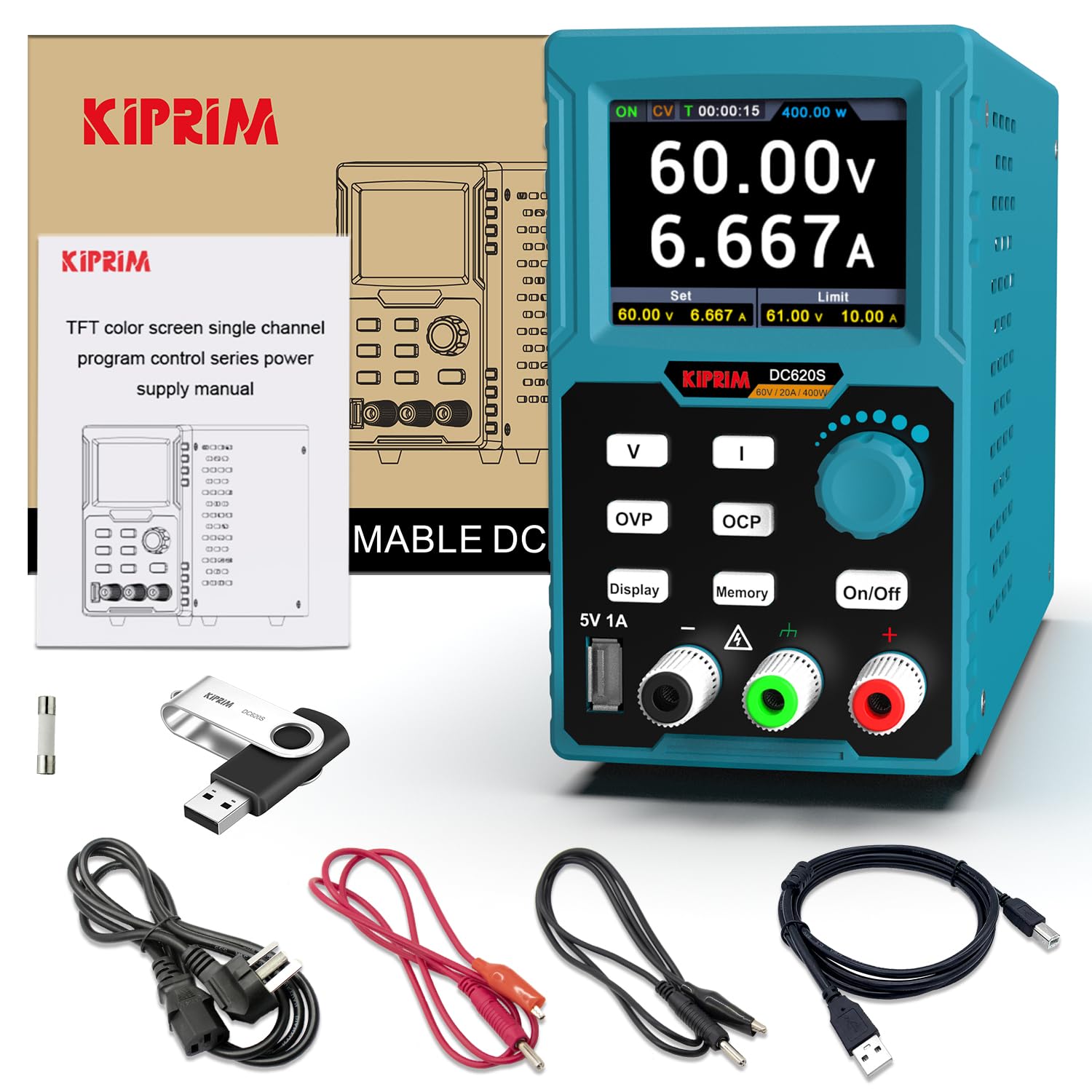 Kiprim Labornetzgerät Programmierbar, 0–60V 0–20A, max. 400W Ausgangsleistung, USB-Schnittstelle, Software auf USB-Stick, für Labor & Werkstatt DC620S