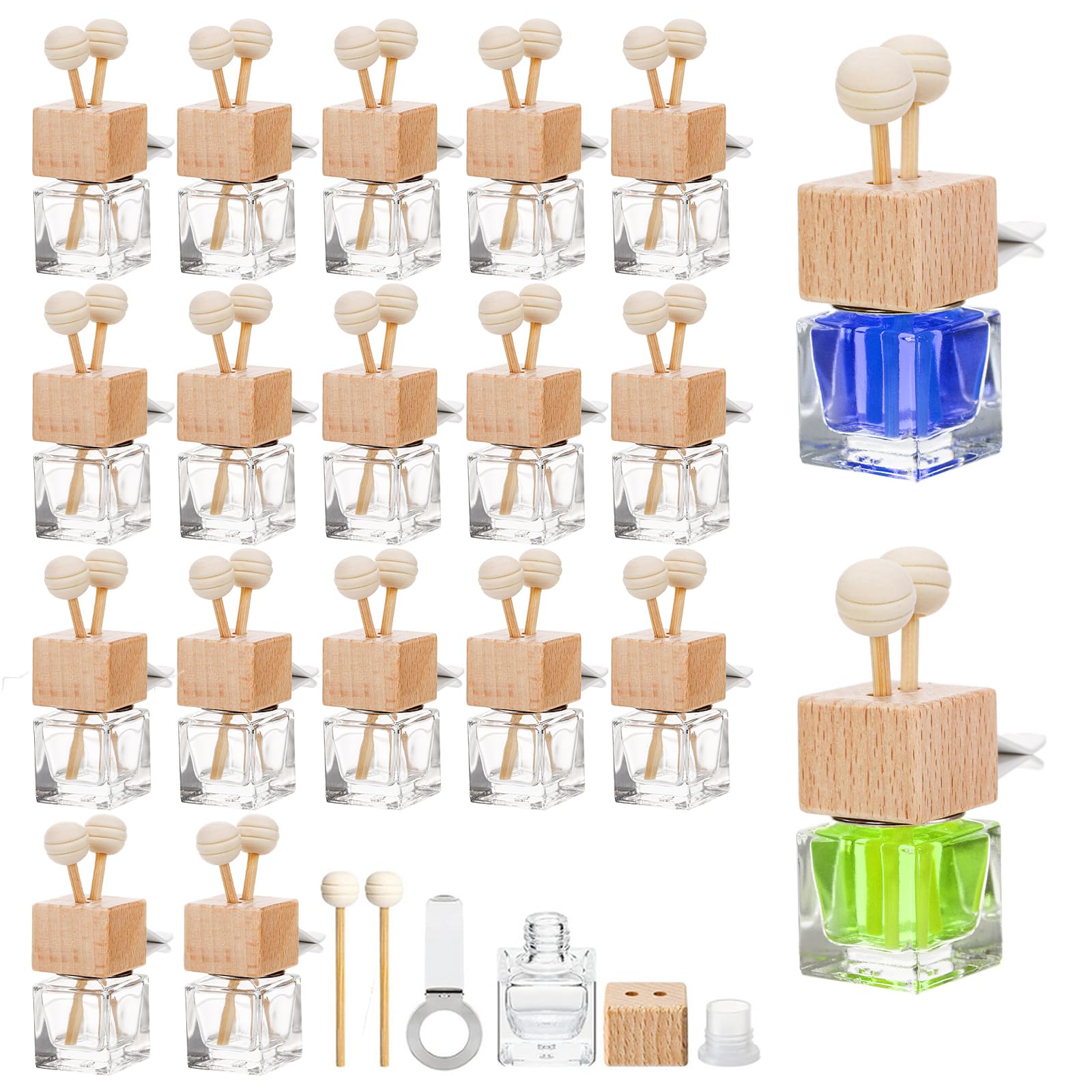 WRINGKIT 20 sztuk samochodowych dyfuzor odświeżacza powietrza, dyfuzor olejków eterycznych z klipsem wentylacyjnym, butelka na perfumy z przezroczystego szkła, drewniana nakrętka, pusty dyfuzor do