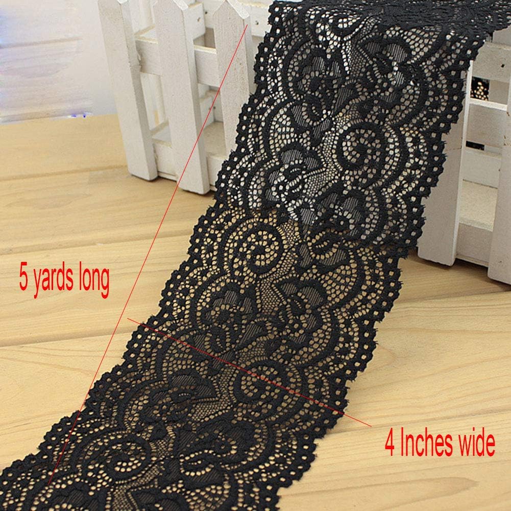 Lace Trim DIY Craft Light Delicate Ribbon Vintage Flora Pattern Scallop Edge 4 Inch Wide 5 Yards Black
