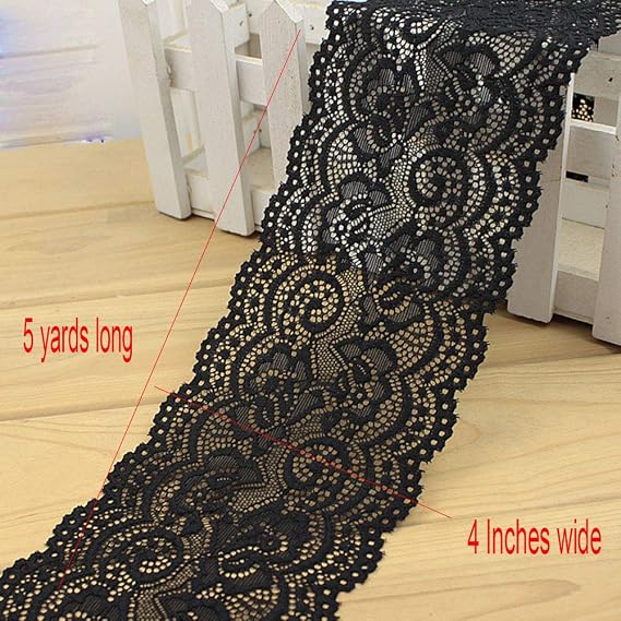 Lace Trim DIY Craft Light Delicate Ribbon Vintage Flora Pattern Scallop Edge 4 Inch Wide 5 Yards Black