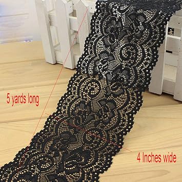 Lace Trim DIY Craft Light Delicate Ribbon Vintage Flora Pattern Scallop Edge 4 Inch Wide 5 Yards Black