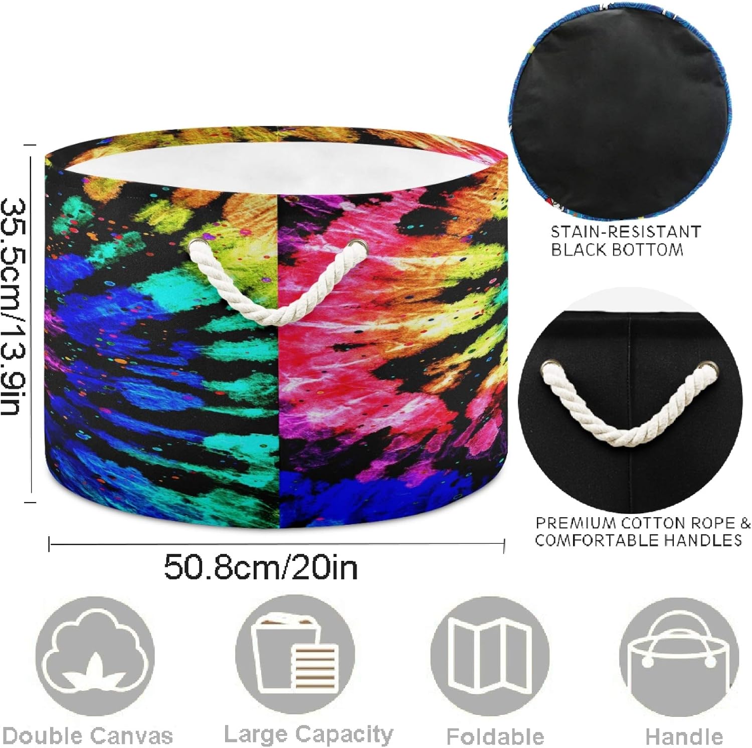 visesunny Collapsible Large Capacity Basket Colorful Style Tie Dye Clothes Toy Storage Hamper with Durable Cotton Handles Home Organizer Solution for Bathroom, Bedroom, Nursery, Laundry,Closet