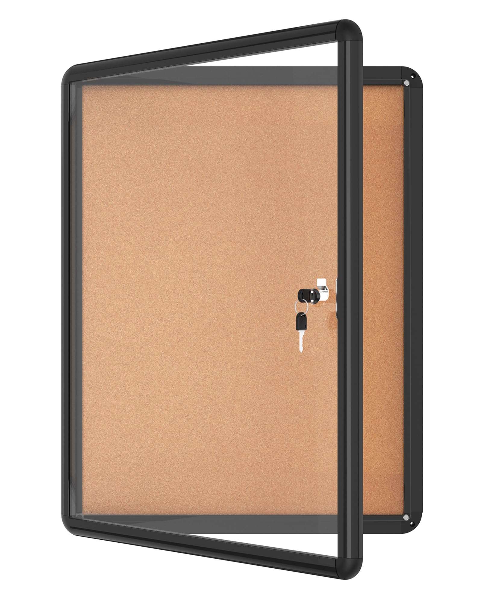 Tablón de anuncios de corcho cerrado de 26 x 20 pulgadas, tablero de anuncios seguro montado en la pared con cerradura, marco de aluminio negro, puertas batientes de acrílico transparente, solución de