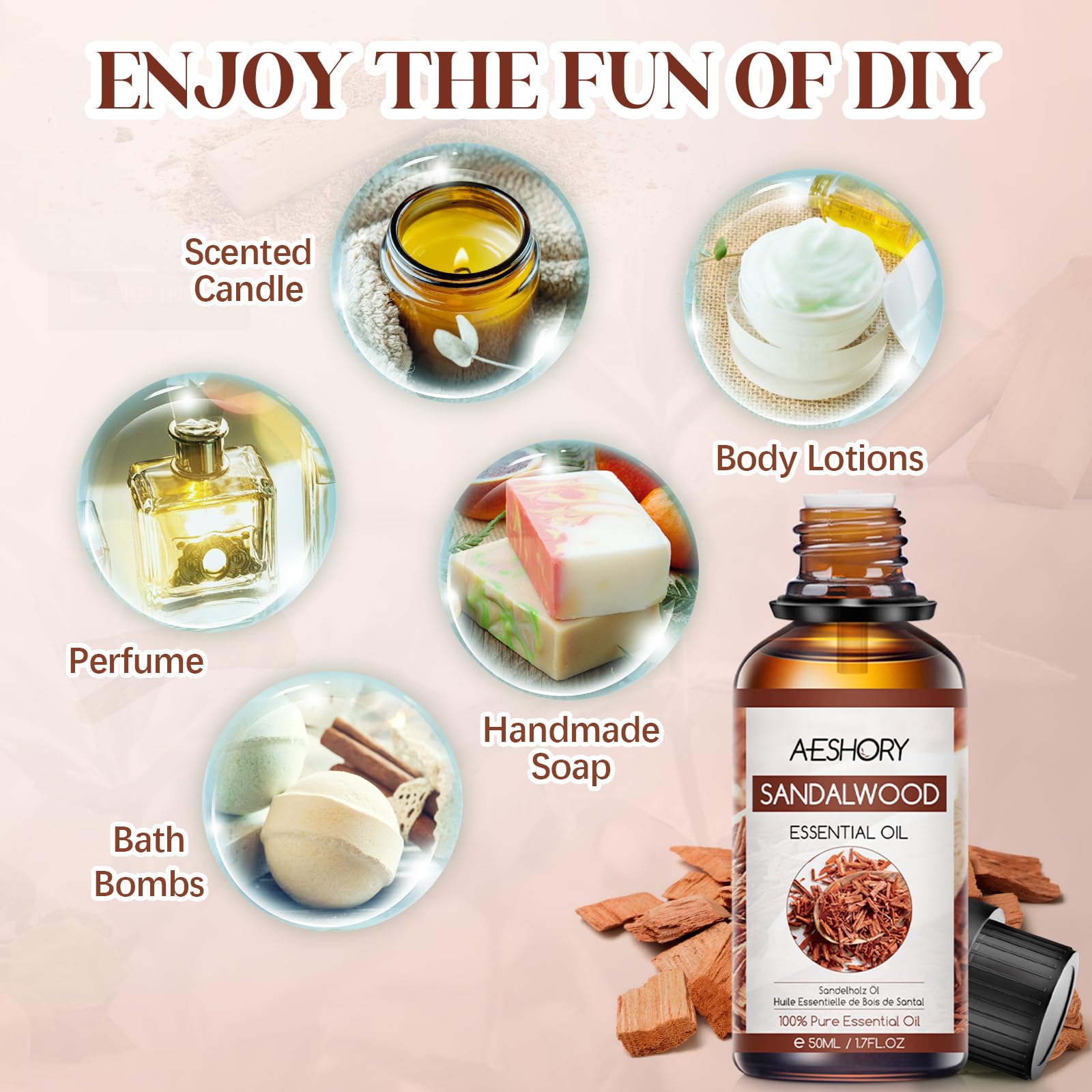 AESHORY Aceite Esencial de Sándalo 50ML, Natural Aceite de Aromaterapia de Sándalo, Aceites de Fragancia Premium para Humidificador Difusor, Masaje, Baño, Cuidado la Piel, Relajación y Calma