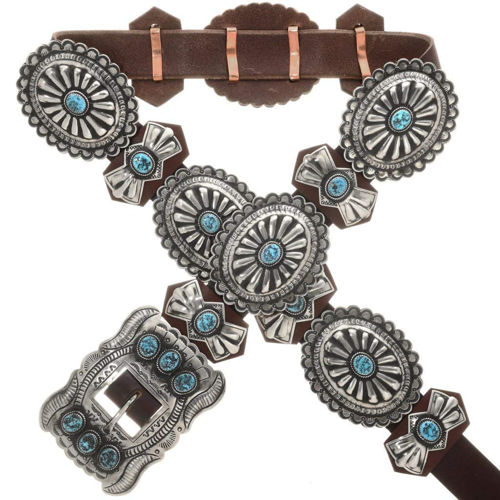 Alltribes Navajo Kingman Turquoise Silver Concho Belt Santa Fe Style on Custom Sized Genuine Leather 0002
