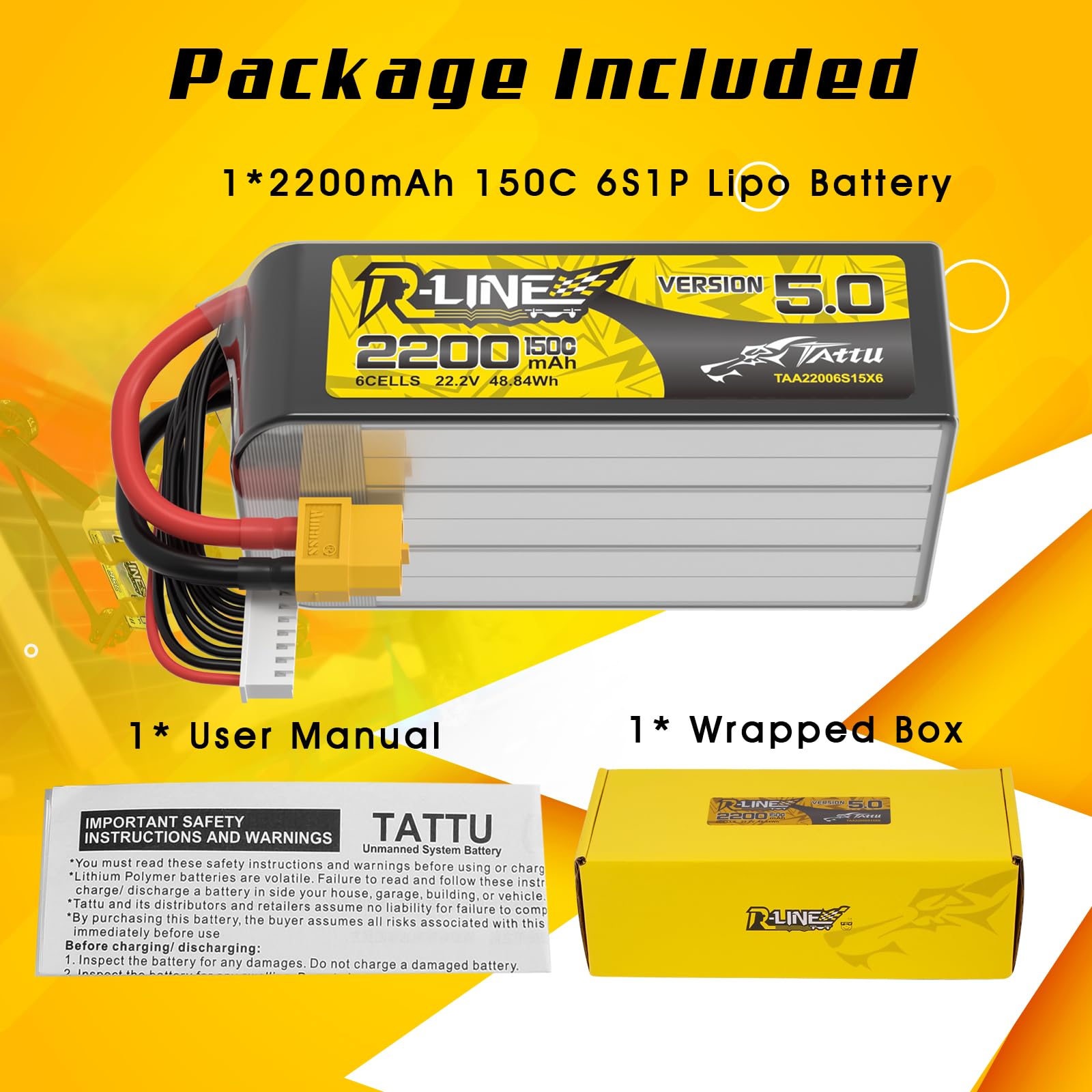 Akumulator TATTU 6S 22,2V 2200mAh 150C LiPo R-Line Wersja 5.0 z wtyką XT60U-F, profesjonalny akumulator wyścigowy do FPV dronów i 7-calowych wyścigówek