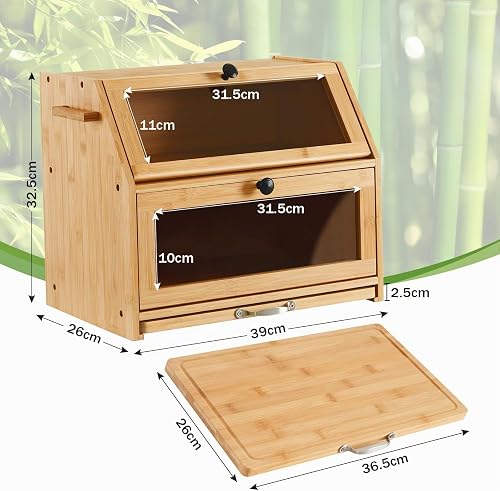 YOUDENOVA Double Decker Bread Box with Cutting Board, Extra Large 2-Layer Bamboo Storage Box with Clear Windows for Bread, Salt and Pepper Mill, 39x26x32,5(LxBxH) cm, Natural - 2