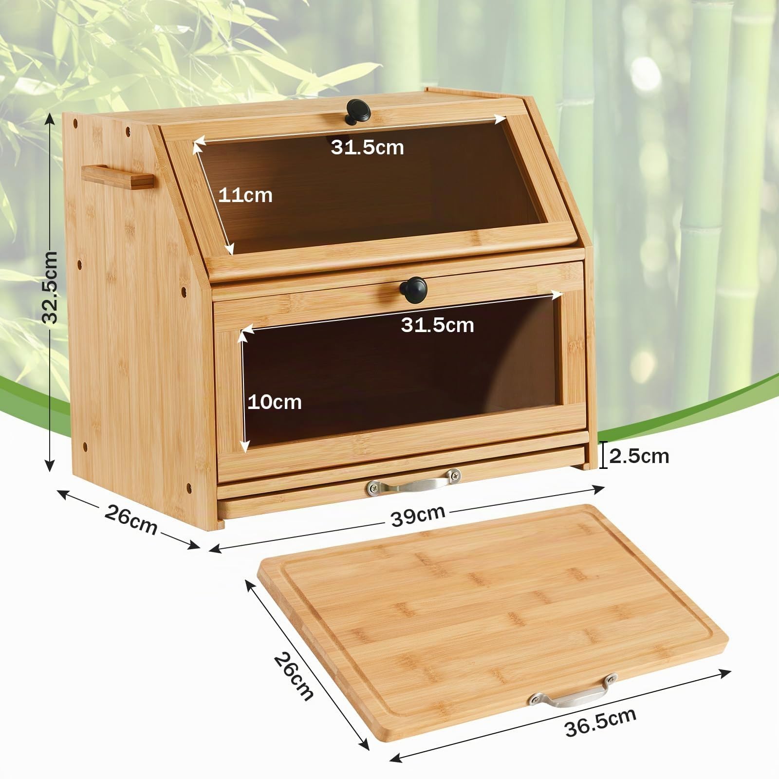 Youdenova Boîte à pain en bambou écologique - Avec planche à découper - Boîte de rangement - Pour pain, pain grillé - 39 x 26 x 32,5 cm (L x l x h) - Naturel