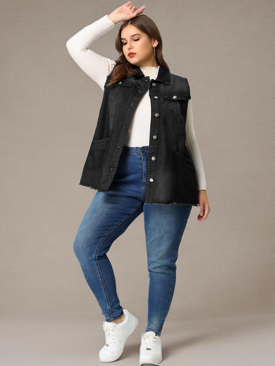 Agnes Orinda Denim Jackets for Women 2025 Plus Size Button Front Lapel Frayed Washed Sleeveless Long Jean Vest - Image 7