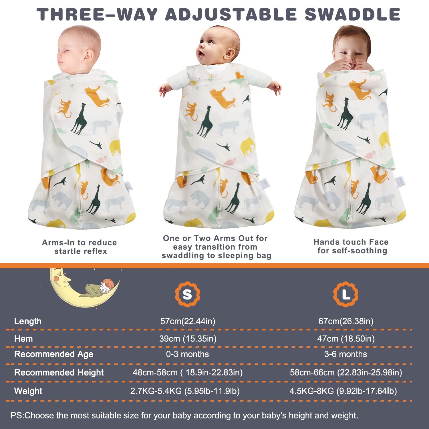 Ftikvo Swaddle-Blanket Baby Girl & Boy Swaddles Newborn Infant Transition 100% Cotton Wrap Blankets, 3-Way Adjustable Wearable Blanket, TOG 1.0 (Colorful Zoo, 3-6 Month)