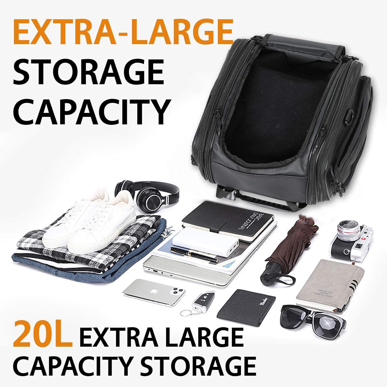 Motorcycle Tail Bag – 20–26L Expandable Rear Seat Bag with Waterproof Rain Cover – Dual-Use Backpack/Handheld Luggage Storage for Helmets & Gear, Includes 4 Mounting Straps