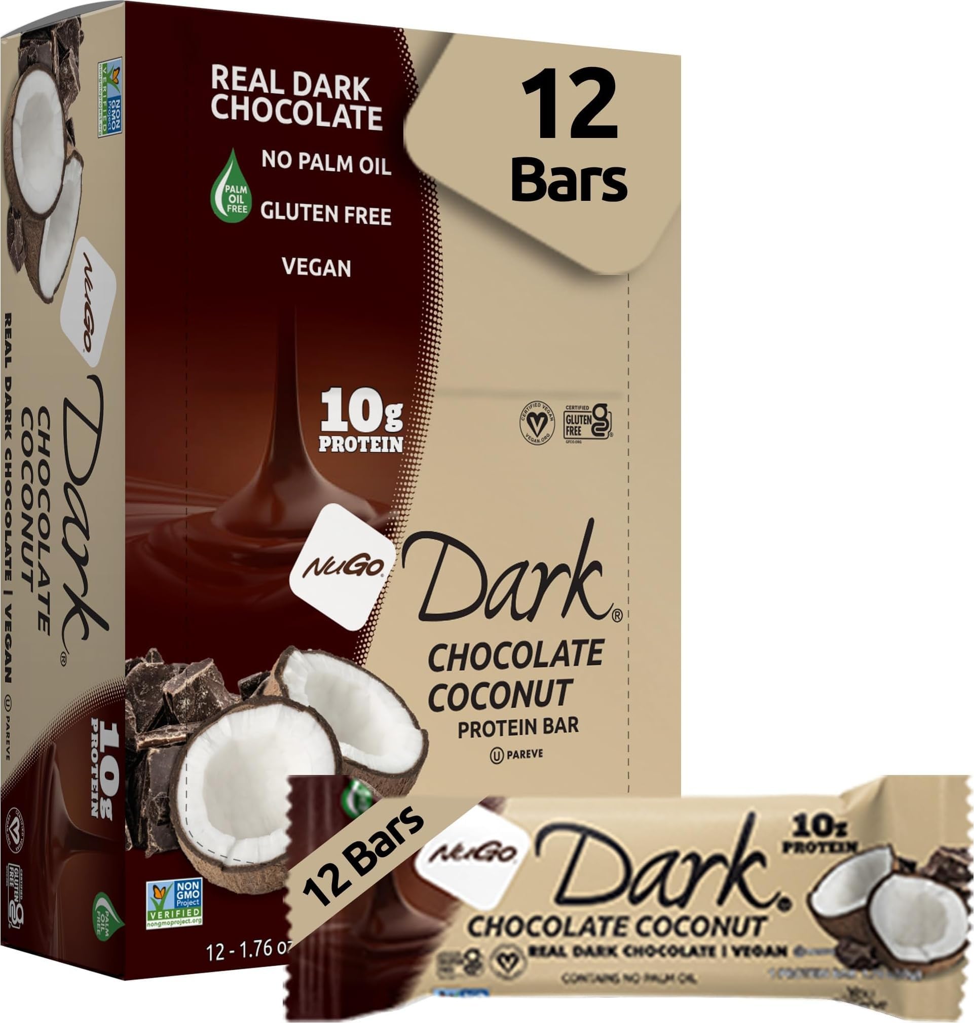 NuGo Dark, Coconut, 10g Vegan Protein Bar, Gluten Free, 12 Count