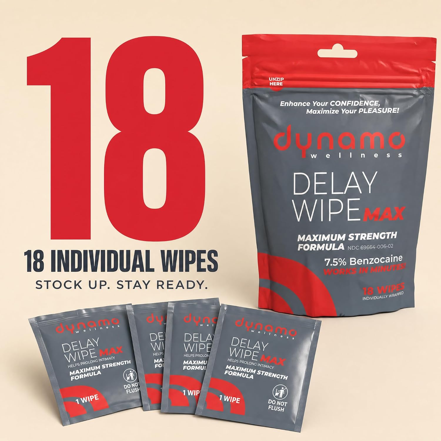 Dynamo Delay Wipes for Men, Benzocaine 7.5% Maximum Strength, 6ct | Climax-control towelettes for men; 7.5% benzocaine, individually wrapped, water-based, pocket-size 6-pack