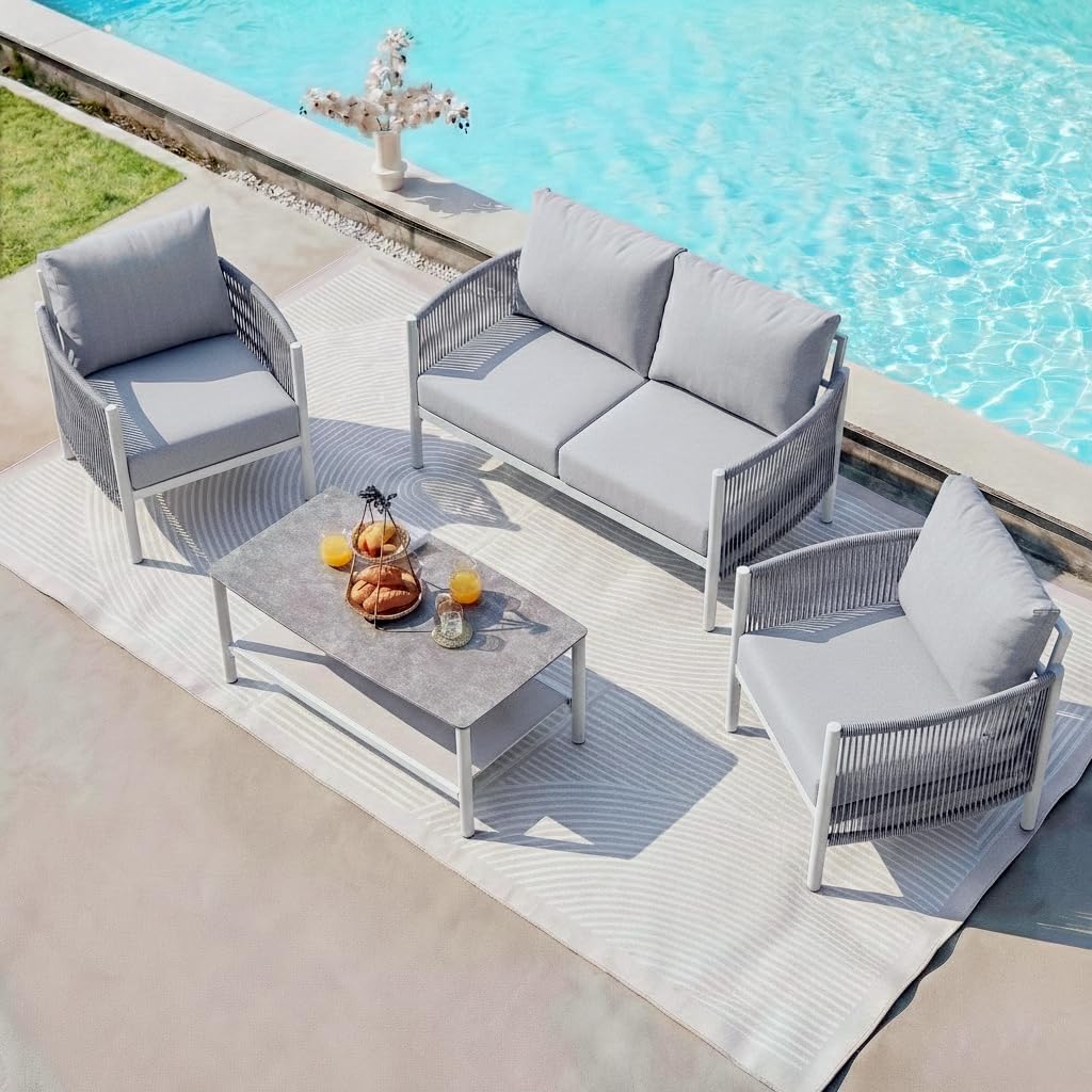 Aluminum Patio Furniture Set, 4 Seats Modern Outdoor Sectional Furniture with PE Rope & Dual-Layer Coffee Table, Luxury Patio Conversation Sets with 6" Cushions for Backyard/Garden, White