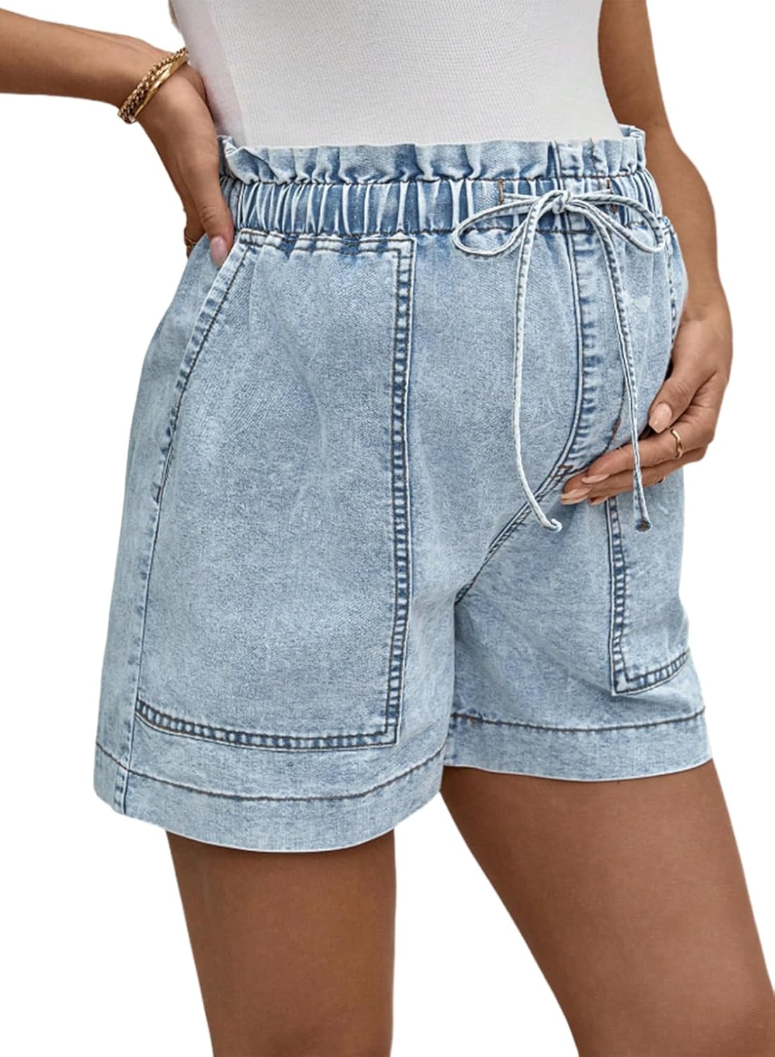 BLENCOT Women Maternity Jeans Shorts Stretchy Drawstring Denim Pregnancy Comfy Clothes with Pockets