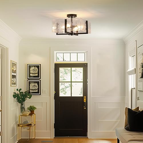 Miniatura 2 de Lámpara de techo semiempotrada negra de 4 luces de vidrio para montaje en techo, lámpara moderna de granja de 14.96 pulgadas para vestíbulo,