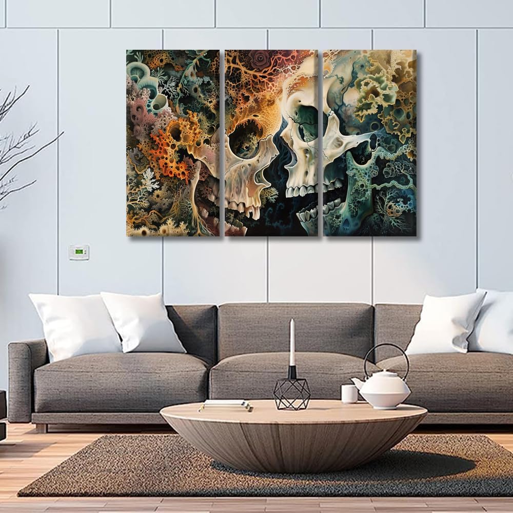 LSIUHWUWI 3 Pieces Skeletal Structures Canvas Wall Art Skull Wall Painting Artwork Pictures Two Skull Seamless Blending Wall Art for Living Room Framed Ready to Hang 20X40INCH X3