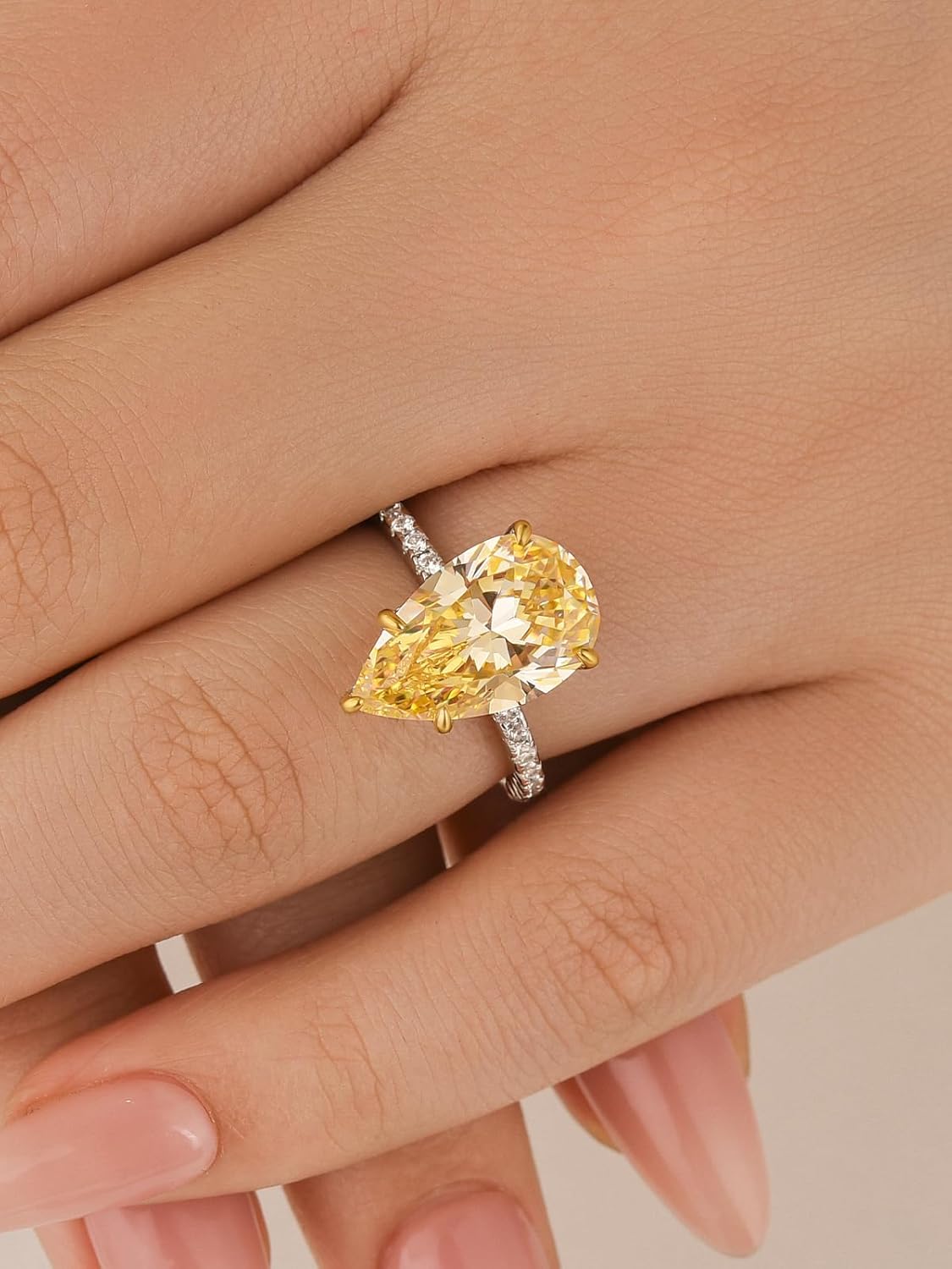 5.0CT Elongated Pear Shaped Yellow Stone Engagement Ring for Women, S925 Silver Hidden Halo 5A Grade CZ Promise Wedding Ring - Image 6