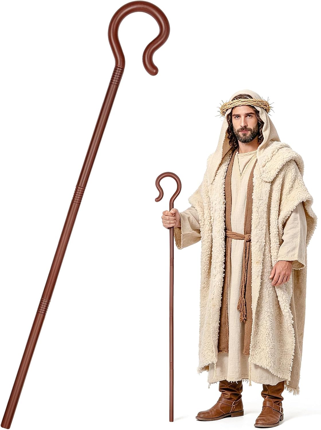 Shepherd Staff Plastic Wizard Staff Hook,55IN Brown Cane for Adult/Kids Halloween Costumes Accessory Cosplay Party