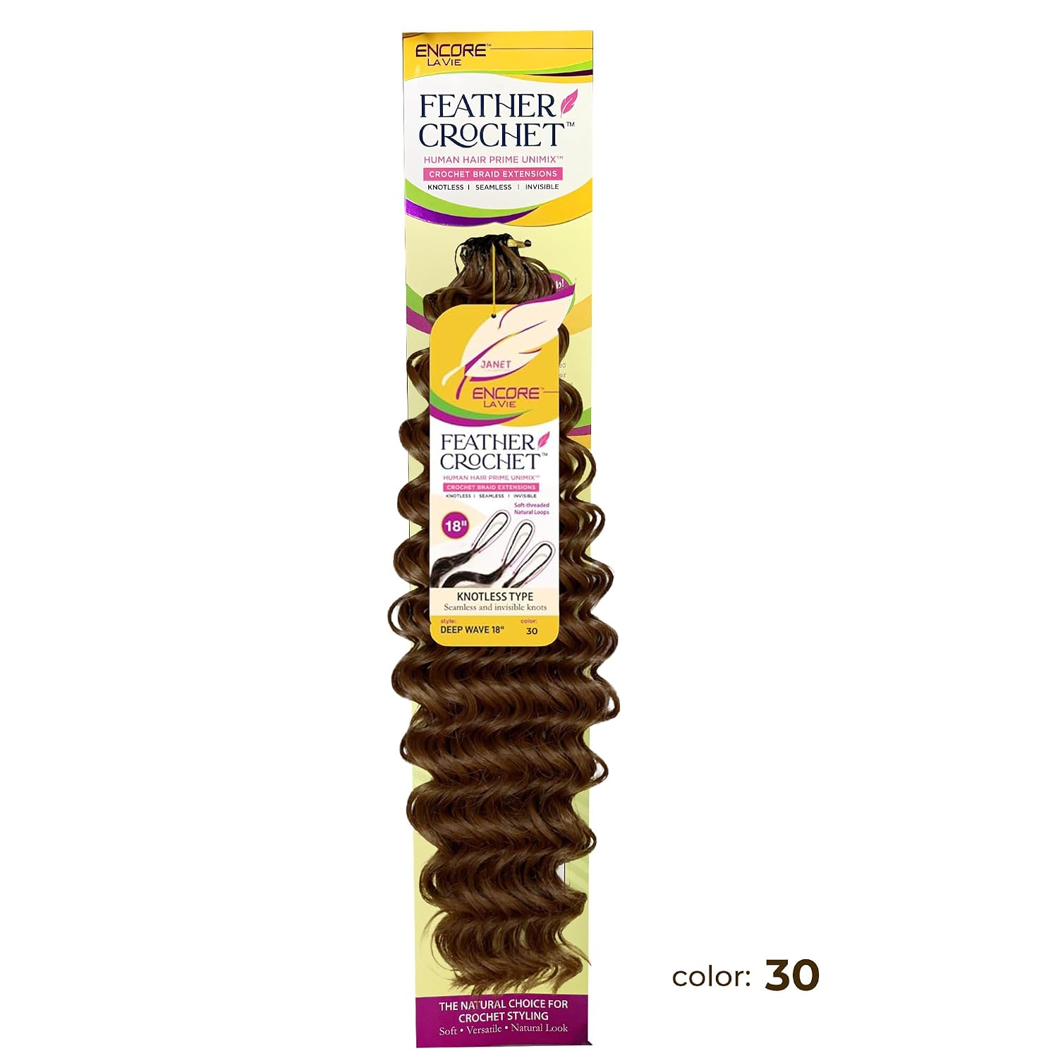 Janet Collection Encore Lavie Pre-Separated Feather Crochet Deep Wave 18" – Knotless Crochet Braid Extensions (color #1)