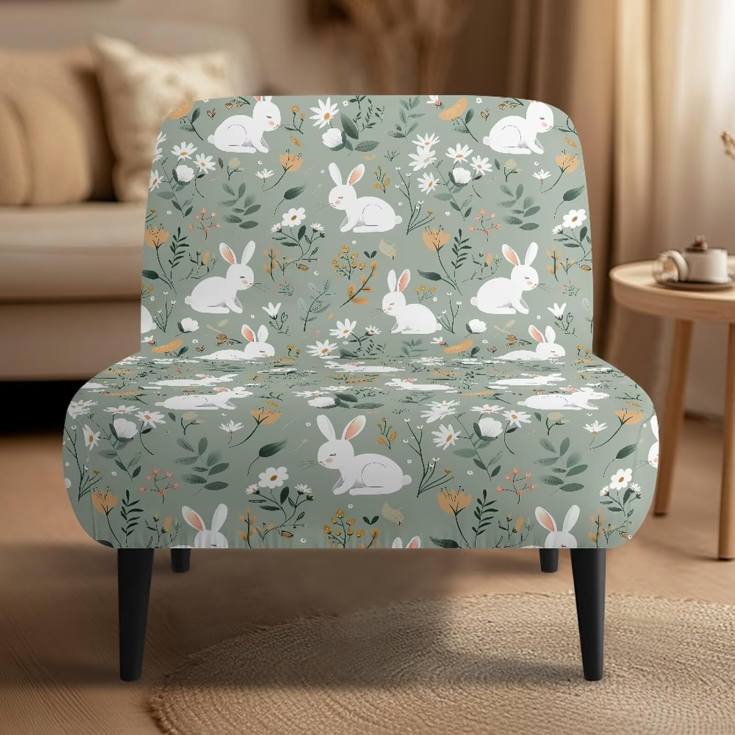 Easter Bunny Rabbit Armless Accent Chair Cover Decor Covers,Slipper Chair Slipcover,Vanity Chair Protector Lightweight,Criss Cross Chair Case Dustproof,Office Chair Slip Cover