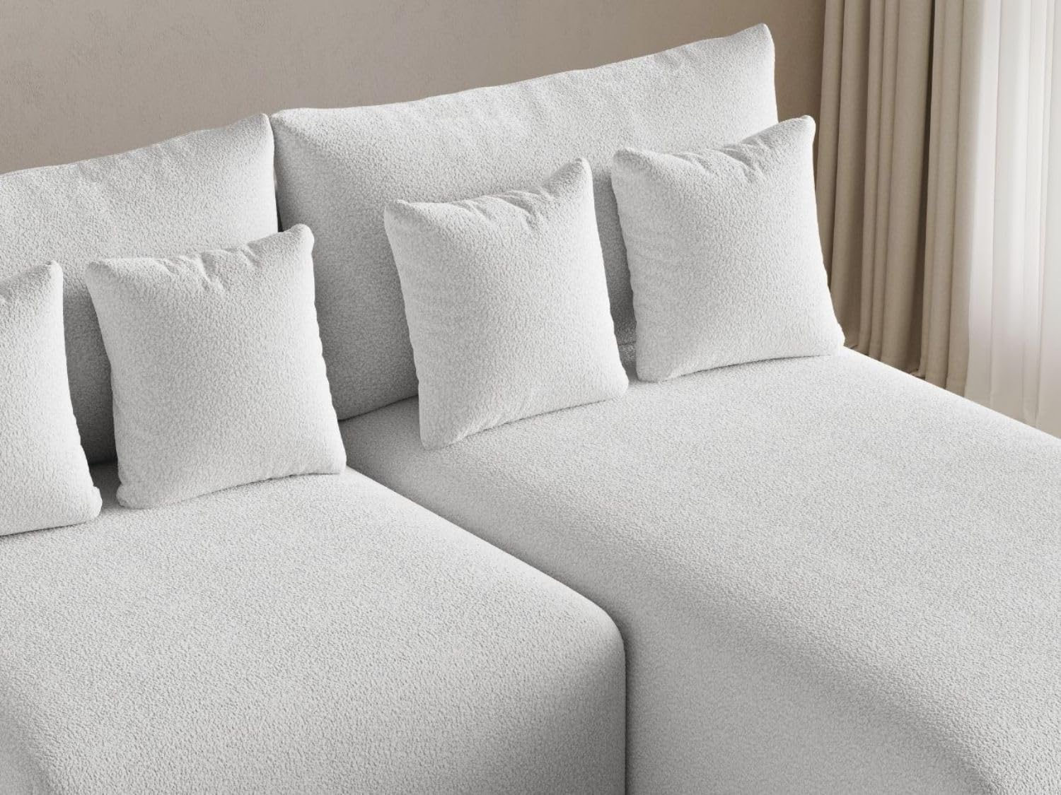 GRAINGOLD Ronni L Ecksofa mit Schlaffunktion und Bettfunktion, 206x190 cm, L-Form Sofa, Schlafcouch für Wohnzimmer, Bouclé-Stoff, 3-Sitzer Eckcouch, Ecksofa mit Stauraum (Weiß, Rechts)
