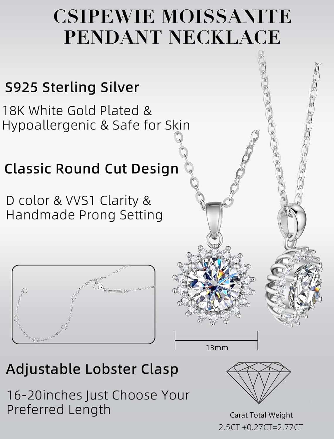 2.5CT Solitaire Halo Sunburst Moissanite Pendant Necklace, D VVS1 2.77CTTW, 18K White Gold Plated S925 Silver, 16-20" Adjustable Chain, Jewelry Gift for Wife Mom Girlfriend, Birthday Anniversary