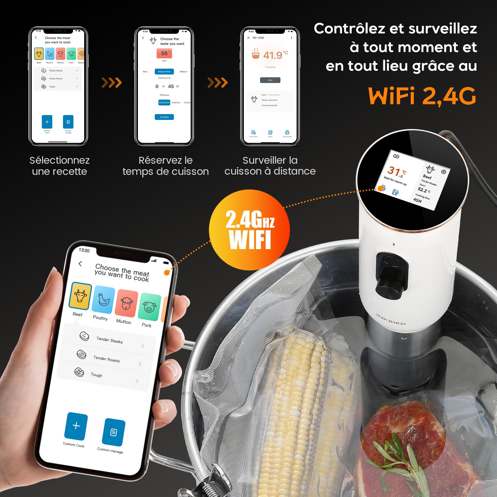 INKBIRD WiFi Thermoplongeur Sous Vide ISV-101W, Cuisson Basse Température 1000W: Écran TFT, Cuisson De Réservation App, Protection Du Niveau D'eau, Avertissement De Température, 0℃~95℃, Réglable 0,1℃